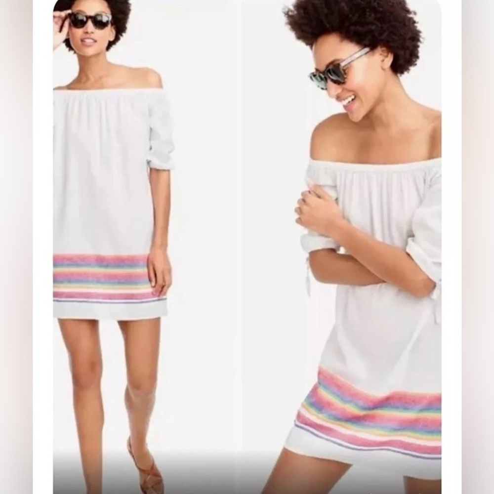 J. Crew Off-Shoulder Dress with Rainbow Stripes Trim, Linen Blend, Size L